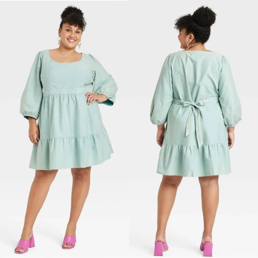 Ava & Viv Plus Size Balloon 3/4 Sleeve A-Line Tiered Dress Flowy in Teal Size X
